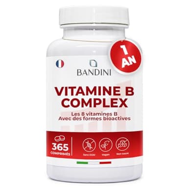 Bandini® Vitamine B Complex 365 Comprimés Vegan (1 An) | Vitamines group B dosage élevé B1, B2, B3, B5, B6, B8 (Biotine), B9 (Acide Folique), B12 | Multivitamines B-Complex Fatigue & Immunité