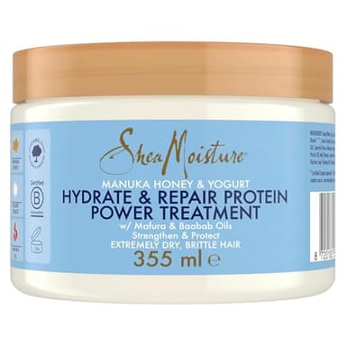 SheaMoisture Hydrate & Repair Protein-Power - Masque Capillaire au Miel de Manuka et au Yaourt - Pour Cheveux Secs et Abîmés - Sans Sulfate - Contient Huile de Baobab et Beurre de Karité - 1 x 355 ml