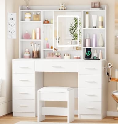 BEWISHOME Grande Coiffeuse avec éclairage LED et Miroir, Luminosité Réglable, Coiffeuse avec Tabouret, Prise, 9 Tiroirs et 5 étagères Ouvertes pour Chambre à Coucher Blanc Couffeuse Moderne EFST36W