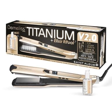 Demeliss Coffret Lisseur Vapeur Titanium V2.0 Elixir Ritual – 5 Températures – Réservoir 30 ml – Plaques Fines – Peigne Amovible – Écran Digital – Lissage, Boucles, Soin - Accessoire Professionnel