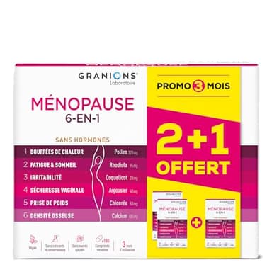 GRANIONS - MENOPAUSE 6-EN-1-3 MOIS | Menopause Bouffee de Chaleur et Poids - Ménopause Perte de Poids - Bouffees de Chaleur, Fatigue, Irritabilité, Perte de Poids, Densité Osseuse - 180 Comprimés