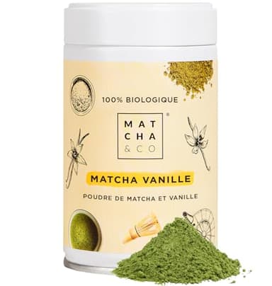 Matcha & CO | Thé Matcha Original à la Vanille (80 g) | Thé Vert en Poudre Japonais Saveur Vanille | Thé Vert en Poudre | Sans Édulcorants, Sucres ni OGM