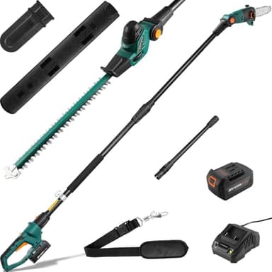2-en-1 Élagueur sur Perche et Taille Haie Télescopique à Batterie Li-ION 20 V 4 Ah/Chargeur, Poignée Principale Orientable, Tête Inclinable, Portée 4 m, Bandoulière Incluse
