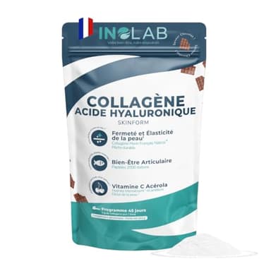 INOLAB Collagene Marin poudre Peptides & Acide Hyaluronique & Acérola Bio | Collagène marin Français Breveté 2000 Da | Arôme Naturel Chocolat Noisette | 45 Doses de 5,38 g/jour