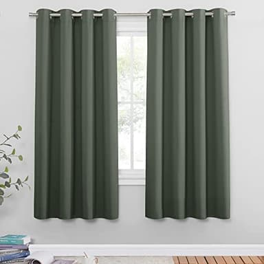 PONY DANCE Rideaux Occultant Vert - Rideau Thermique Phonique Anti Bruit Décoration de Fenêtre Salon à Oeillets Occultant Isolant Lumineux , 140 x 175 cm, Vert Gris, Lot de 2