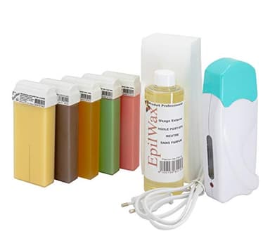 EpilWax - Kit Chauffe Cire Épilation Professionnelle avec 5 x Recharges Roll on Cire Chocolat/Vanille/Rose/Miel/Alèo Vera, 100 x Bandes d'Épilation et Huile après Épilation - Gamme Solo Multi