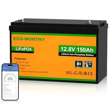 ECO-WORTHY Batterie Lithium 12v 150AH Bluetooth Batterie LiFePO4 avec Protection BMS Basse température 120 A et jusqu'à 15 000 Cycles, Batterie au Lithium 1920 Wh pour Camping-Car, Caravane, Bateau