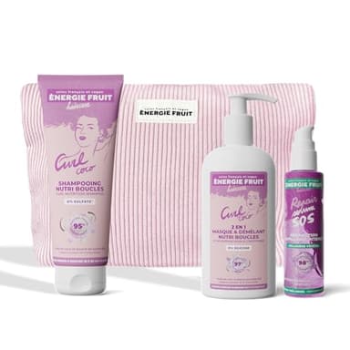 ENERGIE FRUIT - Coffret cadeaux routine capillaire cheveux bouclés - Huile de coco et collagène - Trio shampooing et masque nourrissant, sérum protecteur - Trousse offerte