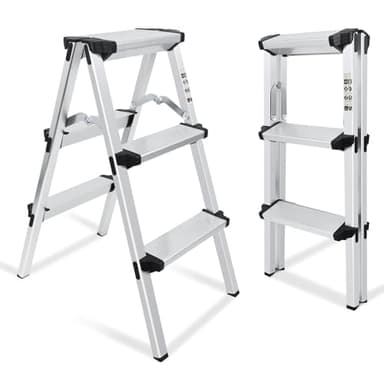 kisidus Escabeau Marche Pied Pliante3 Marches Antidérapants Échelles Pliable 3-Level Max 150kg Acier Robust Intérieur Extérieur - Argenté