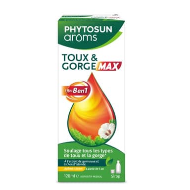 PHYTOSUN AROMS Sirop TOUX & GORGE MAX - Effet 8 en 1 - Toux sèche*, Toux grasse*, Mal de gorge - Action rapide et prolongée - 120 mL - À partir de 1 an