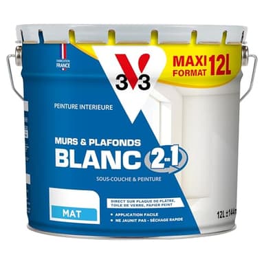 V33 Peinture blanche mur et plafond mat, BLANC 2 EN 1, 12L