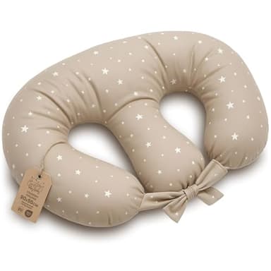 Coussin d’allaitement Jumeaux Twins - 90x50 cm - Oreiller maternité XXL ergonomique Breastfeeding Nursing Pillow bébé positionnement confortable multifonction Oeko-Tex Beige à étoiles blanches