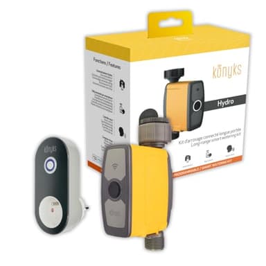 Kit d'arrosage Connecté-Inclus Robinet avec Hub/Prise Longue portée pour Jardin, Konyks Hydro, Commande Via APP, Google Home & Alexa-Scénario domotique Jaune/Gris