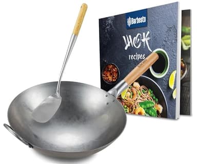 CLP Set wok en acier carbone I Fond plat ou rond pour gaz, induction et gril I Poêle wok avec poignée en bois, livre de recettes & spatule wok, Forme:rond