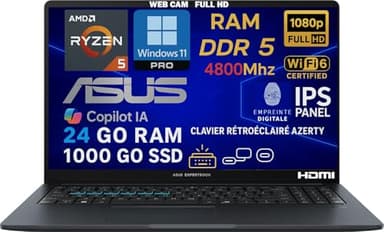 ASUS Ordinateur Portable AMD Ryzen 5 7535HS 4.5GHz, RAM 24Go DDR5, SSD 1To, Écran 15.6" FHD IPS, WiFi 6E, Ethernet, Copilot IA, Webcam 1080p, Clavier AZERTY Rétroéclairé, Empreinte Digitale, Win11 Pro