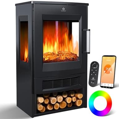 KESSER® Cheminée électrique avec Chauffage, fenêtre panoramique, Ventilateur Chauffant, Effet de Flamme LED avec 9 Modes de Couleur, télécommande, Application WiFi, 900/1800 W, avec Thermostat (Noir)