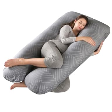Coussin de Grossesse pour Dormir, Coussin d'Allaitement en Forme de U, Oreiller de Grossesse, 100% Coton Oreiller de Soutien du Corps pour Maintenir Hanches, Votre Dos, Jambes et Ventre, Gris Rayé
