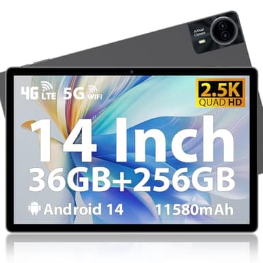 MAXLEGEN Tablette Android 14, Ecran 14" FHD 2,5K, 36Go RAM + 256Go ROM(1To Extensible), Android Tablette Tactile avec SIM 4G LTE/5G WiFi/GPS/13MP/Octa-Core/11580mAh, Étui, Écouteurs, Stylo Inclus