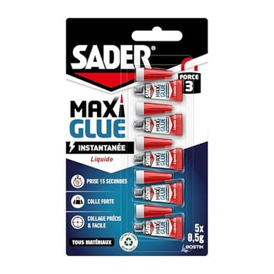 Sader Maxiglue Liquide – Super Glue Universelle – Tous Matériaux – Colle de Réparation à Prise Rapide – Colle Extra Forte –Transparente – 5 Tubes de 0,5 g