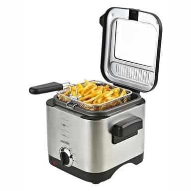 Mesko MS4910 Friteuse Électrique à Huile, Capacité de 1,5 L, Température Réglable, Cuve Amovible Antiadhésif, Couvercle avec Filtre Anti-odeur et Fenêtre de Contrôle, Nettoyage Facile, 900W, Inox