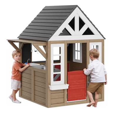VEVOR Maisonnette Enfants Extérieur en Bois, Cabine de Jardin pour Enfants, Maison de Jeux avec Porte, Fenêtre, Support de Pot de Fleurs, Gril, Cuisinière et Évier Fonctionnelle, pour Arrière-Cour