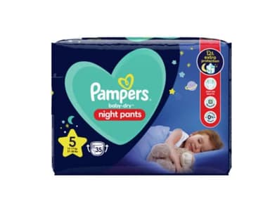 Pampers - Baby-Dry Couches de Nuit Taille 5, 35 Couches-Culottes 12kg-17kg, Fournir Une Protection Supplémentaire Toute la Nuit - 35 Pièces