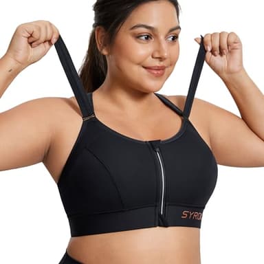 SYROKAN Soutien Gorge Femme Sport sans Armature Grande Taille Maintien Extreme à Impact Élevé Zipper Avant Bretelles Réglables Noir 95G