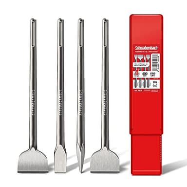 SCHWABENBACH® Jeu de Burins SDS Max – 4 Pièces 25 mm + 50 mm + 50 mm (incliné) + Burin Pointu – Burins SDS Max pour Béton, Carrelage & Maçonnerie – Compatible Marteaux Perforateurs (pas SDS Plus)