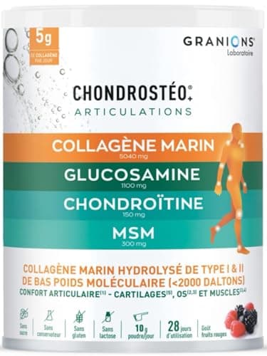 GRANIONS - Collagene Marin Poudre - CHONDROSTEO + Articulations - glucosamine chondroitine msm - collagene articulations - chondroitine - msm - 10g PAR JOUR - Goût Fruits Rouges - 280 g