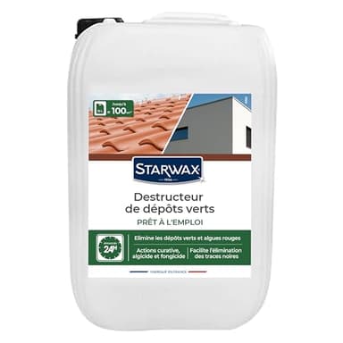 STARWAX - Destructeur de Dépôts Verts Prêt à l'Emploi - Elimine en Profondeur les Dépôts Verts- Pour Toitures, Sols, Murs - Action Curative - Agit dès 24h - Fabriqué en France - 10 L - Jusqu'à 100 m2