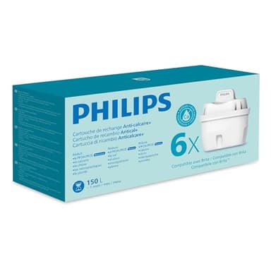 Philips Water Cartouches filtrantes de rechange Anticalcaire+, paquet de 6, JUSQU’À 50 % DE RÉDUCTION DE LA DURETÉ EN PLUS,réduit chlore,microplastiques et autres contaminants, L’EMBALLAGE PEUT VARIER
