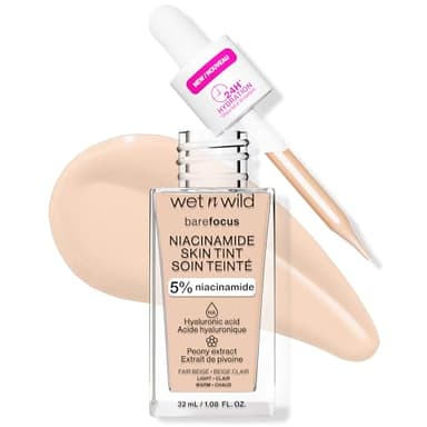Wet n Wild Bare Focus Niacinamide Skin Tint, Fond de Teint Léger avec Formule Modulable, Enrichi en Acide Hyaluronique et Vitamine E pour un Look Radieux, Fair Beige
