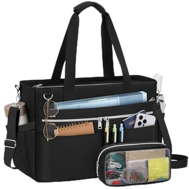 RAINSMORE Sac Cabas Femme Grande Sac d'enseignant Sacs a Main pour Ordinateur Portable 15,6 Pouces Résistant à l'eau Sac Fourre Tout pour Université Quotidien Noir