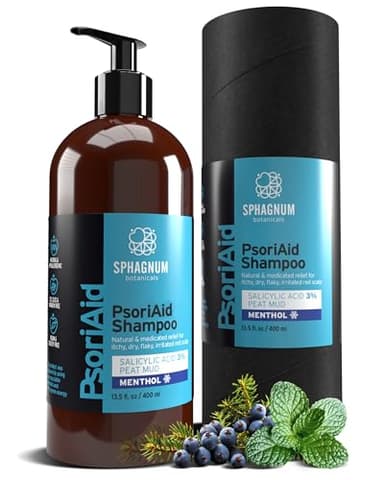 Sphagnum Botanicals Shampoing psoriasis et antipelliculaire – Traitement apaisant naturel pour cuir chevelu sec et irrité avec menthol rafraîchissant, acide salicylique et tourbe. 400 ml