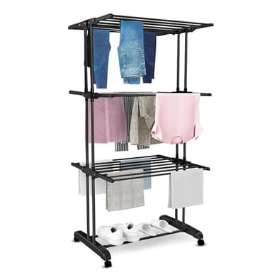 Vonia Séchoir à Linge - 3 Niveaux - Pliable - 72 x 50 x 172 cm - Peu encombrant - Noir