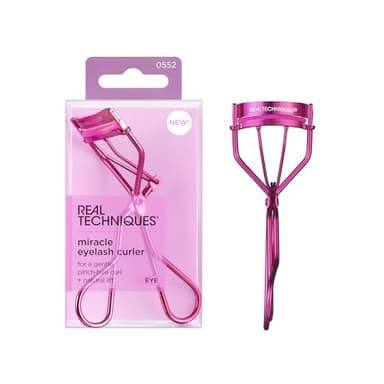 Real Techniques Recourbe-Cils Miracle, outil doux rose format voyage, design sans pincement, cils liftés, volume boost avec mascara, prise en main confortable