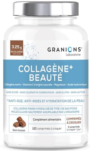 COLLAGENE MARIN + BEAUTE GRANIONS - Collagene et Acide Hyaluronique + Vitamine C + Acerola - Collagene Marin Complement Alimentaire - Collagene Peptides - Goût Chocolat - 120 Comprimés à Croquer