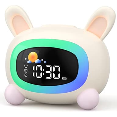 LIORQUE Reveil Enfant Educatif Jour/Nuit, Réveil Enfant avec Veilleuse, Machine Sonore, Deux Alarmes, Mode Week-End, Réveil Rechargeable d'entraînement au Sommeil pour Garçons Filles - Lapin