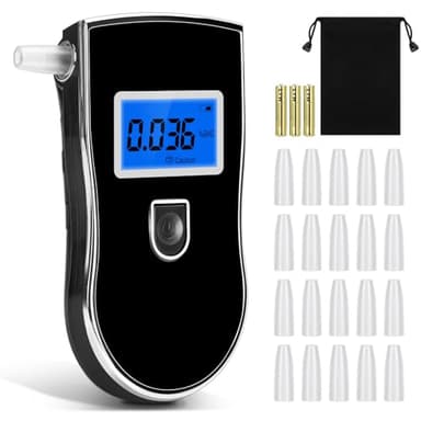 Uwelliky Alcootest Ethylotest Electronique, Capteur à Semi-conducteur Sensibilité, Ecran LED d'Affichage Numérique, Professionnel Portable Testeur d'alcool ave 20 Embouchures et 3AAA Batterie