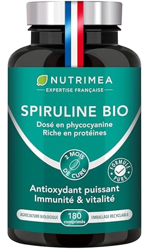 Spiruline BIO - Sans Excipients & OGM - 19% de Phycocyanine - Riche en Protéines, Fer & Antioxydants - Nutrimea - 180 Comprimés Vegan de 500 mg - 2 Mois de Cure - Fabriqué en France