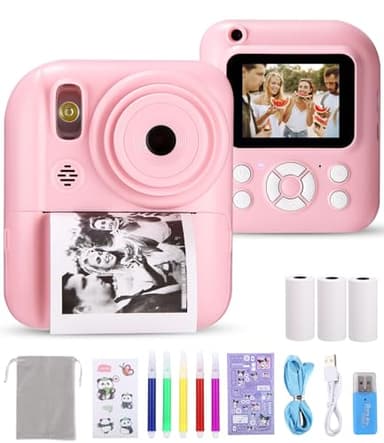 Ixydor Appareil Photo instantané pour Enfants,1080P écran 2,4 Pouces Appareil Photo instantané pour Enfants,Caméra vidéo pour Enfants avec Papier d'impression & Carte 32GB (Rose)