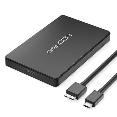 deleyCON Boîtier de Disque Dur USB-C 2,5 Pouces - Boîtier de Disque Dur Externe USB 3.1 Gen 1 pour Disque Dur SATA HDD / SSD 2,5" (6,35 cm) 7 mm et 9 mm - Montage sans Outil - Noir