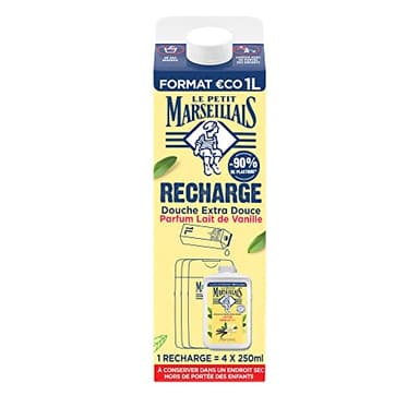 Le Petit Marseillais- Recharge Crème de Douche Extra Douce Lait de Vanille Bio (brique de 1 L)– Recharge gel douche avec 92 % d'ingrédients d'origine naturelle– pH neutre pour la peau et sans colorant