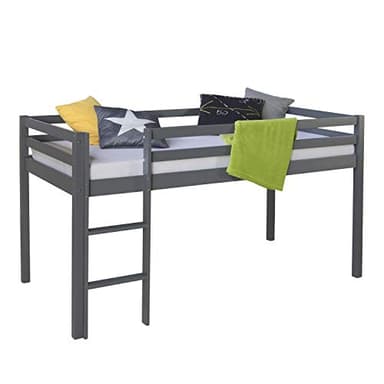 Homestyle4u Lit mezzanine, 90 x 200 cm, gris, avec escalier, pour enfant, cadre de lit en bois de pin massif, lit superposé, chambre d'enfant