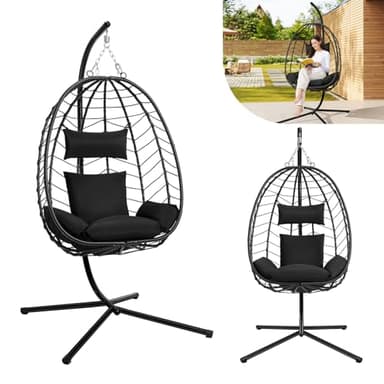 Laneetal Fauteuil Oeuf Suspendu, Chaise Balançoire, avec Support en Métal, Coussin de Siège et Appui-tête, Charge 150kg, Rotin PE, pour Jardin, Balcon, Terrasse, 102x100x196cm, Anthracite