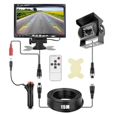 Kit Caméra de Recul et Moniteur LCD 7 Pouces écran, Vision Nocturne IR Caméra de Recul Filaire étanche avec 18LED, 12V-24V Caméra Filaire avec 15M Câble, pour Camping Car, Camions, Remorques, Bus