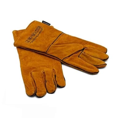 Paire de Gants camel de sécurité anti chaleur en cuir avec doublage intérieur pour poêle à bois, cheminée, barbecue, brasero et soudage. Résistant au feu, la soudure, le four, la cuisine (Camel)