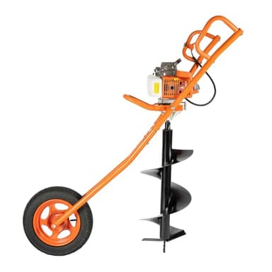 LENDISIY Tarière à essence à 2 temps, 63 CC 2,2 kW, avec roues, foret de pieu à essence, perceuse, Ø 300 mm, forets de jardin, avec brouette (orange)