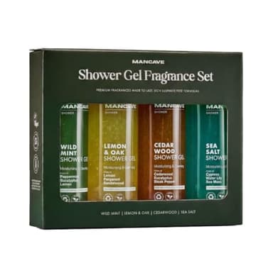 ManCave Coffret Cadeau Hommes - Lot Gel Douche, Idée Cadeau Hommes Gels Douche Naturels sans Sulfate 4 x 500 ml - Menthe, Citron et Chêne, Bois de Cèdre et Sel de Mer, Vegan, Fabriqué en Angleterre
