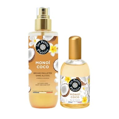 Les Petits Plaisirs - Lot Brume parfumée Monoï Coco pailletée + Eau de toilette Monoï Coco, Made in France, Brume 200ml, Eau de toilette 110ml